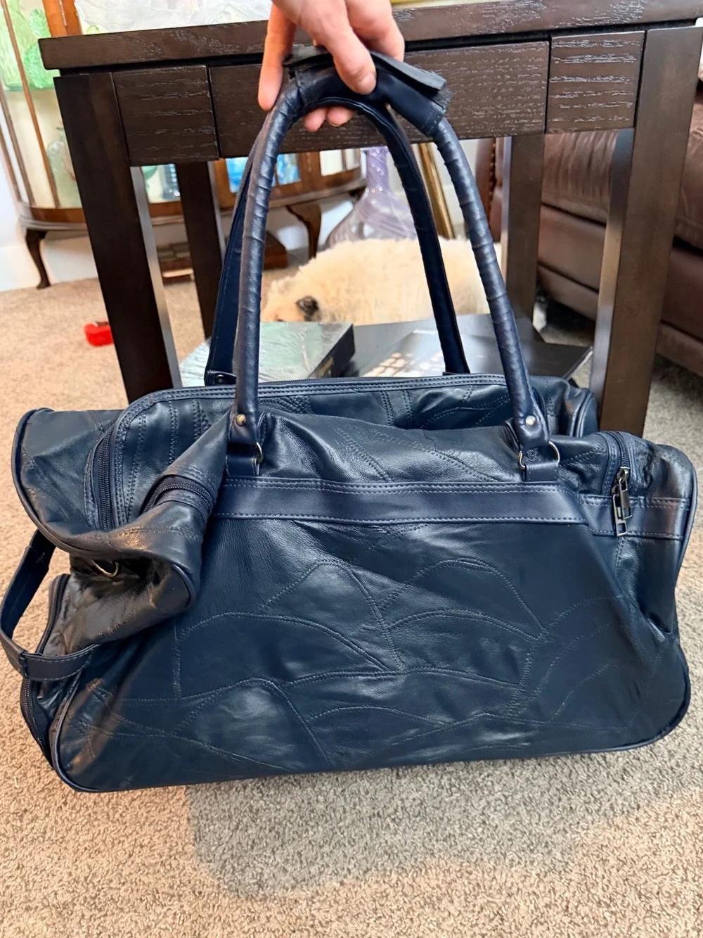 Navy Vintage Patchwork Genuine Leather Travel Carry-On Bag with Multi-Pockets